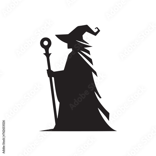 Vector Wizard Silhouettes Conjuring Magic and Mystery with Every Gesture, wizard black illustration.