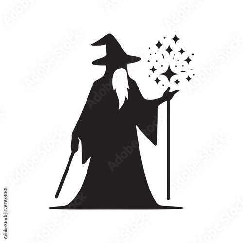 Vector Wizard Silhouettes Conjuring Magic and Mystery with Every Gesture, wizard black illustration.