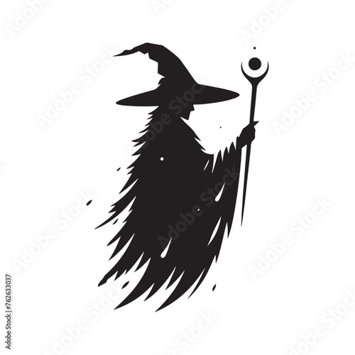 Vector Wizard Silhouettes Conjuring Magic and Mystery with Every Gesture, wizard black illustration.