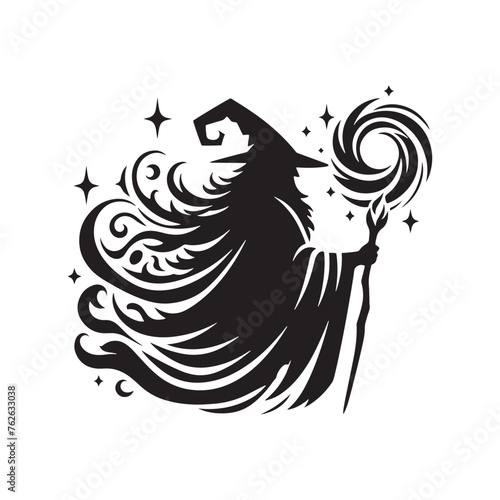 Vector Wizard Silhouettes Conjuring Magic and Mystery with Every Gesture, wizard black illustration.
