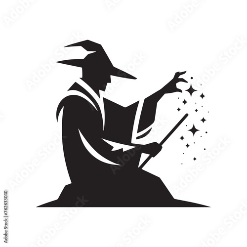 Vector Wizard Silhouettes Conjuring Magic and Mystery with Every Gesture, wizard black illustration.