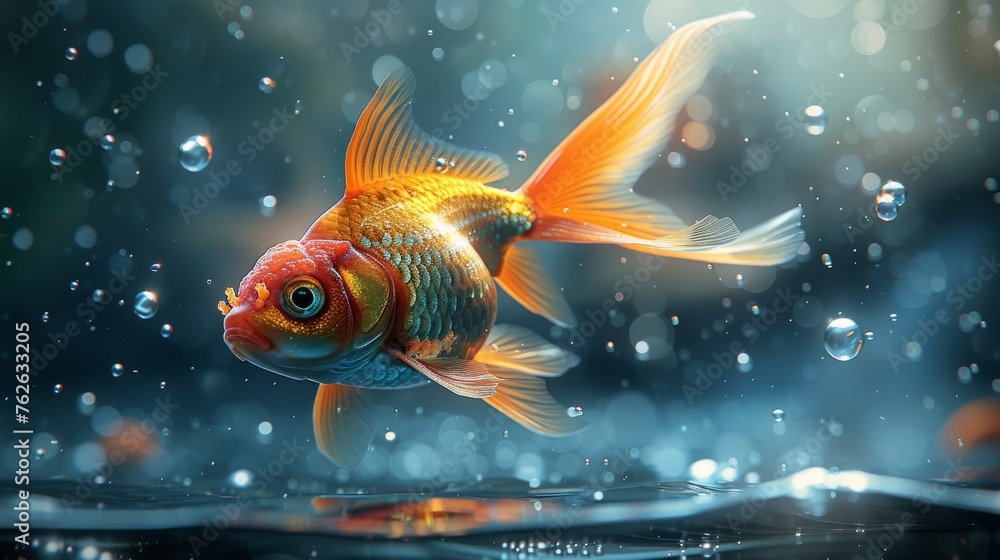 A goldfish, close-up, in a drop-of-water pond A goldfish, close-up, in a drop-of-water pond