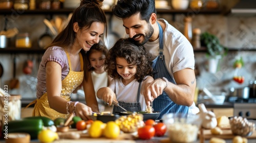 A family is happily cooking and bonding in the kitchen, sharing natural foods and ingredients, while enjoying leisure time together. AIG41