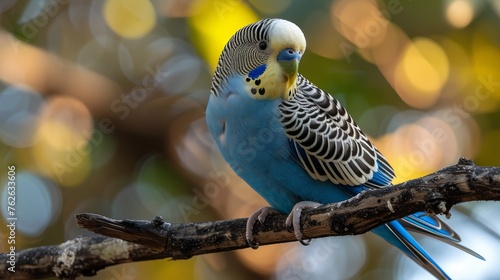  sharp image of a blue parakeet perched on a branch against a green tree photo