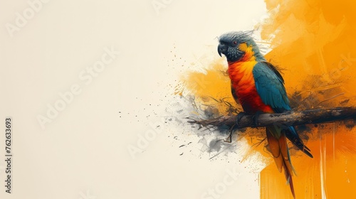  A vibrant avian perched on a limb amidst an orange-white backdrop, adorned with a splash of pigment photo