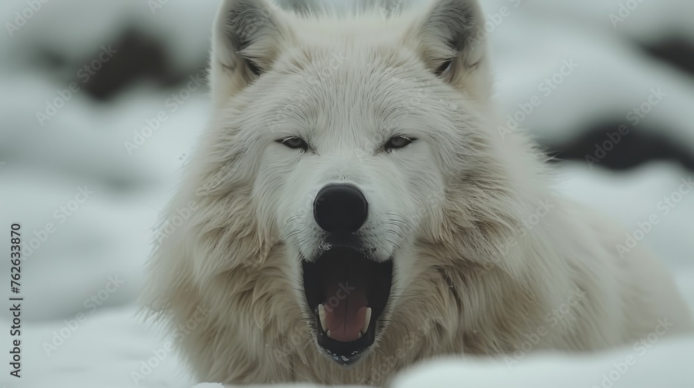 Obraz premium A white wolf with its mouth open wide