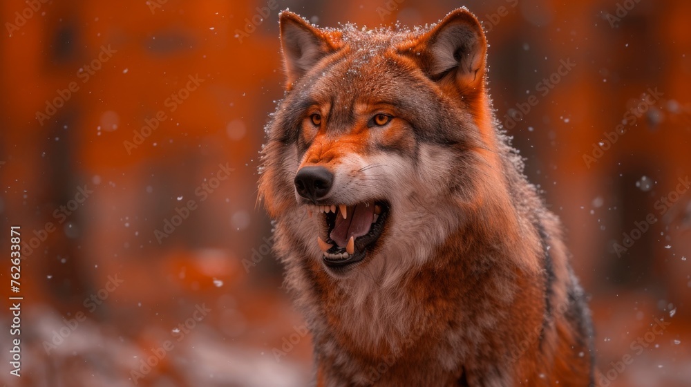  A wolf with its mouth open in front of a blurry background