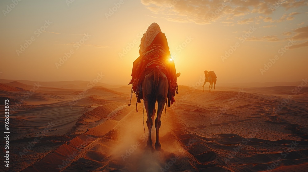 A man rides a brown horse through the desert, with two camels in the background - obrazy, fototapety, plakaty 