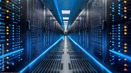 Panoramic view down a brightly lit data center corridor, illustrating the precision engineering an photo