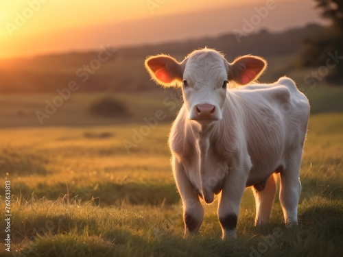 A small cow in the ethereal glow of a radiant sunset. Generative AI