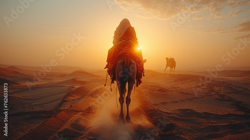  A man rides a brown horse through the desert, with two camels in the background photo