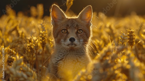  A photo of a tiny fox  facing the sun  surrounded by green blades of grass