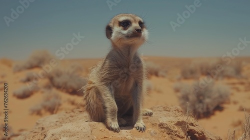  A meerkat on a rock amidst sand dunes and background vegetation