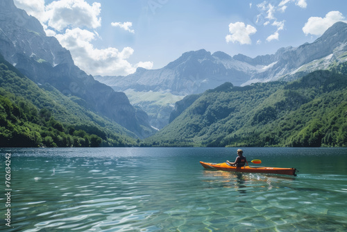 Serene Kayaking in a Mountain Lake