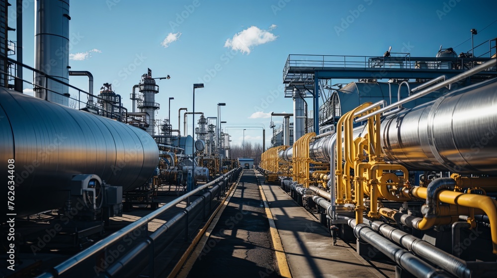 Gas pipelines, valves at a distribution station, a natural gas pumping and processing plant, an industrial image with a place for text, Generative AI. Gas pipelines, valves at a distribution station, a natural gas pumping and processing plant, an industrial image with a place for text, Generative AI.