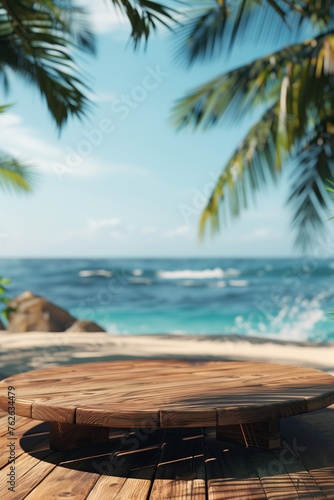 Wooden podium on a summer tropical beach. Background for your product design.