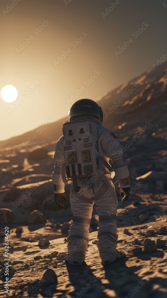 Astronaut on a Rocky Extraterrestrial Terrain at Sunset Astronaut on a Rocky Extraterrestrial Terrain at Sunset