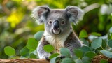  A photo of a koala resting on a tree limb, surrounded by foliage and tall forest backdrops