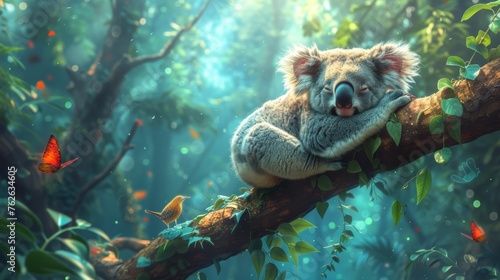  A Koala Resting on a Tree Limb with Butterflies in the Foreground and Background