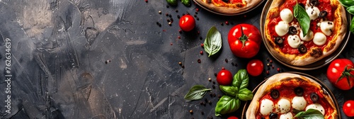 Rustic pizza on black background with cheese, tomato, and space for copy   italian fast food