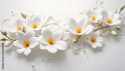 Spring white flowers with water drops, abstract background for card, invitation, prints or wallpaper.