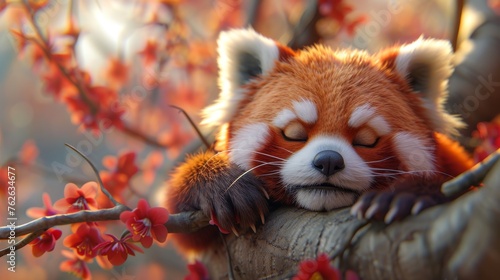  A red panda napping in a tree with closed eyes and its head resting on the branch