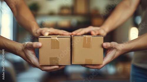 Close-up of a couple's hands holding moving boxes, their fingers intertwined as they embark on thi © Jūlija