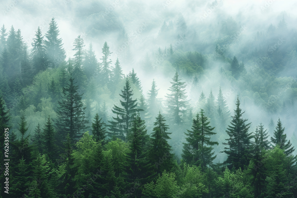 Mist-Enshrouded Evergreen Forest - obrazy, fototapety, plakaty 