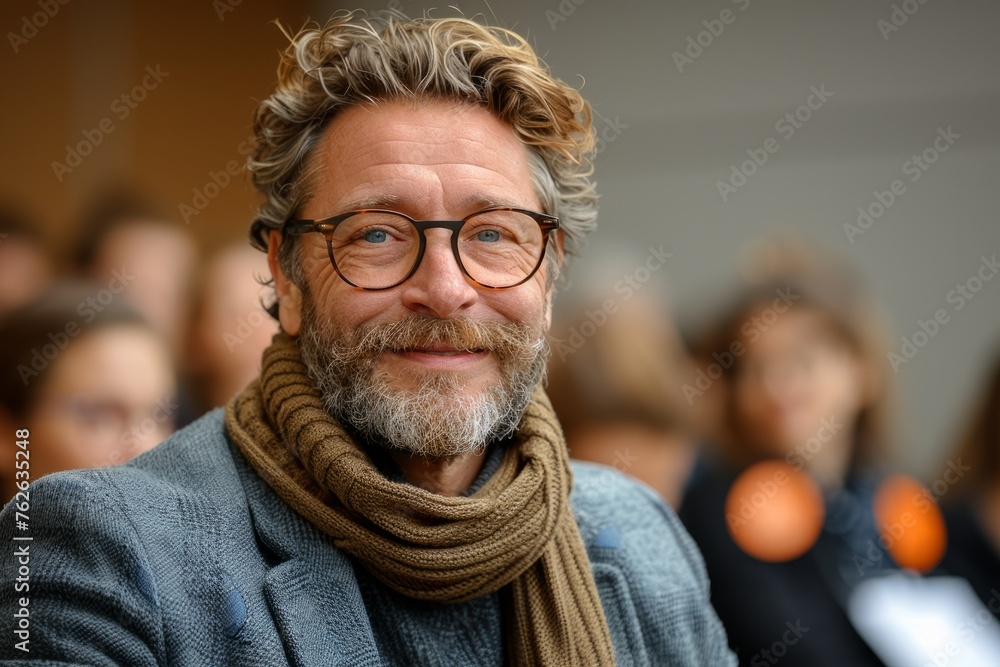 Smiling male professor with curly hair and glasses wearing a scarf in an academic setting. Smiling male professor with curly hair and glasses wearing a scarf in an academic setting.