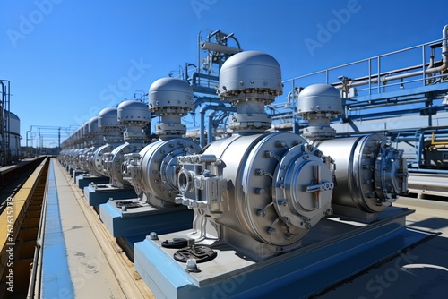 Gas pipelines, valves at a distribution station, a natural gas pumping and processing plant, an industrial image with a place for text, Generative AI.