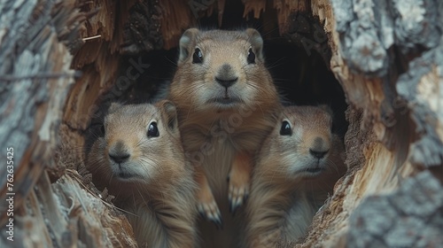  A group of three prairie groundhogs emerges from a tree trunk hole in a wildlife sanctuary