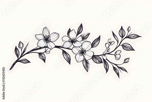Botanical branch and leaves abstract floral black outline drawing