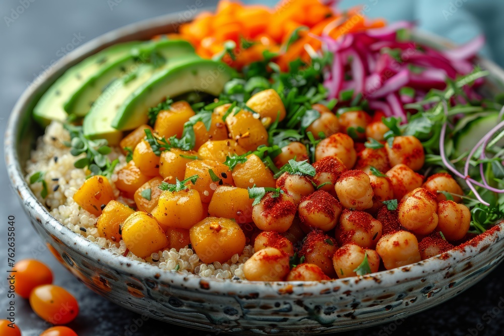 A hearty Buddha bowl with avocado, quinoa, cherry tomatoes, red cabbage, and chickpeas.