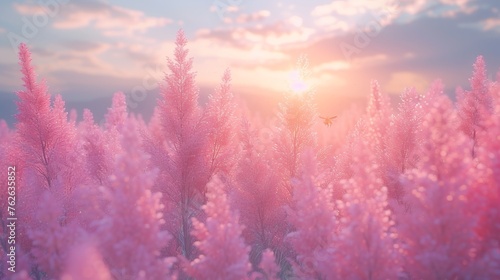  A field of pink flowers, bathed in sunlight, with clouds surrounding the bright sky above
