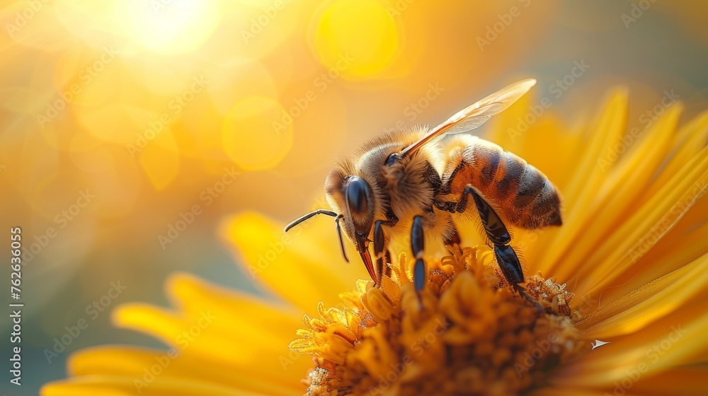   a bee hovering over a vibrant flower, illuminated by golden sunlight in the backdrop - obrazy, fototapety, plakaty 