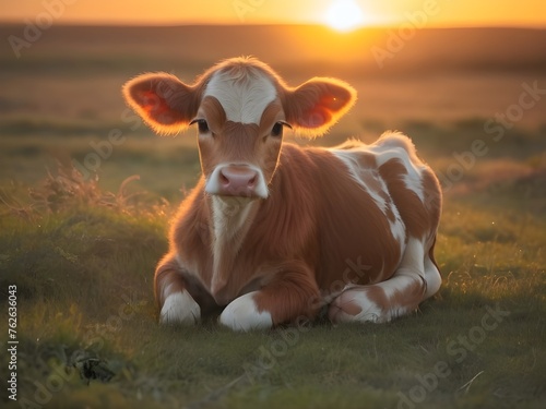 A small cow in the ethereal glow of a radiant sunset. Generative AI