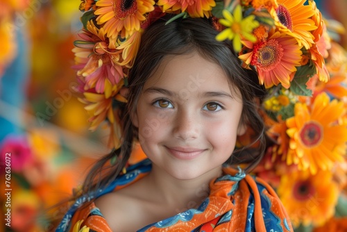 A joyful young girl wearing a floral crown and traditional vibrant dress participates in a cultural festival, radiating happiness and tradition.
