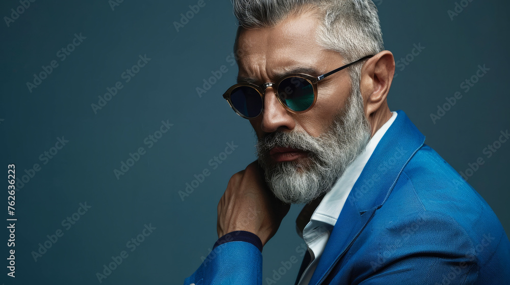 A man with a beard and glasses is wearing a blue suit and pink shirt. He is standing in front of a blue wall. a mid age man, gray hair and gray short beard, color suit, sunglasses. Portrait A man with a beard and glasses is wearing a blue suit and pink shirt. He is standing in front of a blue wall. a mid age man, gray hair and gray short beard, color suit, sunglasses. Portrait