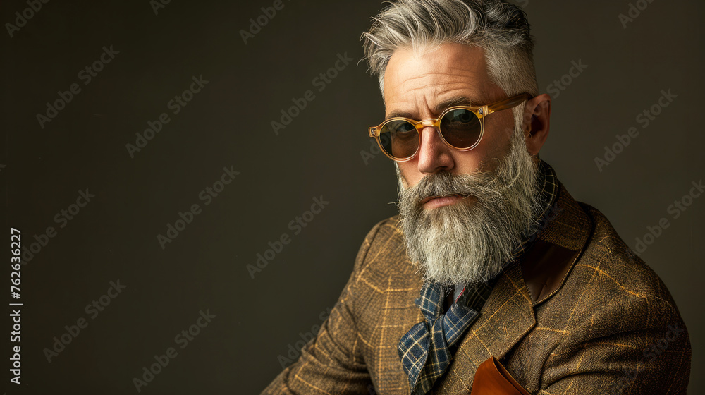Fototapeta premium A man with a beard and glasses is wearing a blue suit and pink shirt. He is standing in front of a blue wall. a mid age man, gray hair and gray short beard, color suit, sunglasses. Portrait