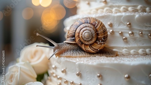  A detailed picture of a wedding cake, with a snail adorning its frosted top
