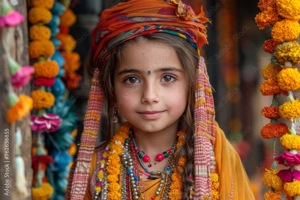 A young child in traditional Indian attire, framed by a doorway adorned with vibrant marigold flowers, exuding cultural richness.
