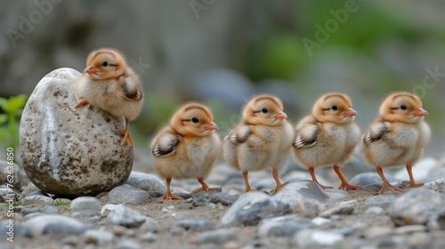  A cluster of small chickens gathered near a rock, with a stone in the front and an egg on the ground