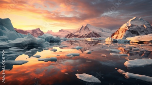 Generative AI Setting sun over Antarctic glaciers photo