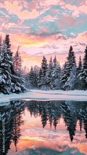 A lake sits nestled among snow-covered trees, creating a winter wonderland scene. The trees are laden with snow, enhancing the serene beauty of the landscape.