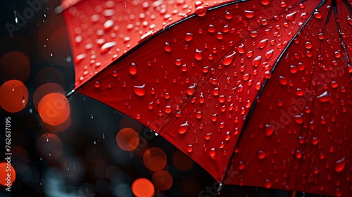 Rainy Day droplets on red Umbrella Close-up. Vivid umbrella with fresh water raindrops, copy space, suitable for rainy day concepts, Generative AI. © Анатолий Савицкий