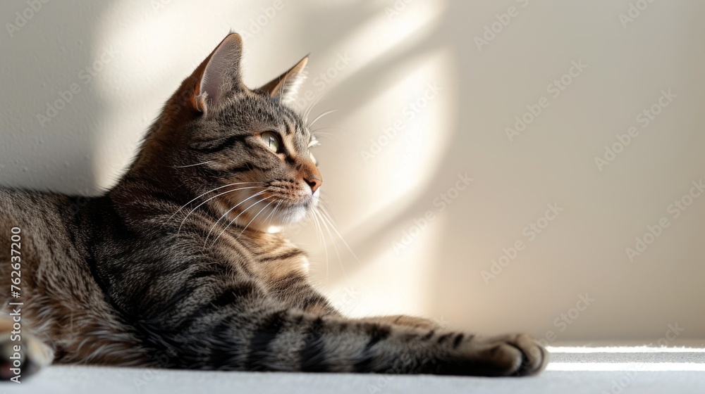 A feline resting closely on the floor, with a nearby wall casting a long shadow
