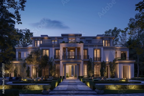 As the evening unfolds, a vision of sophistication emerges in the form of a modern mansion, exuding an aura of grandeur and refinement.
