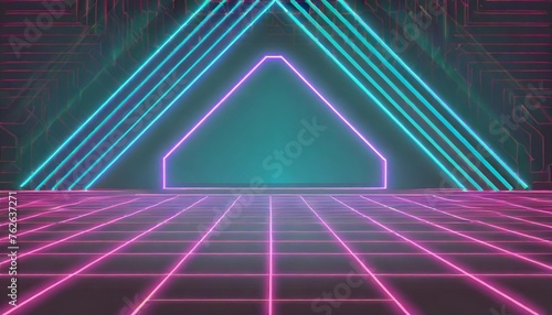 neon background template electric light perspective retro computer games sci fi technology vintage graphics and holographic projection concept