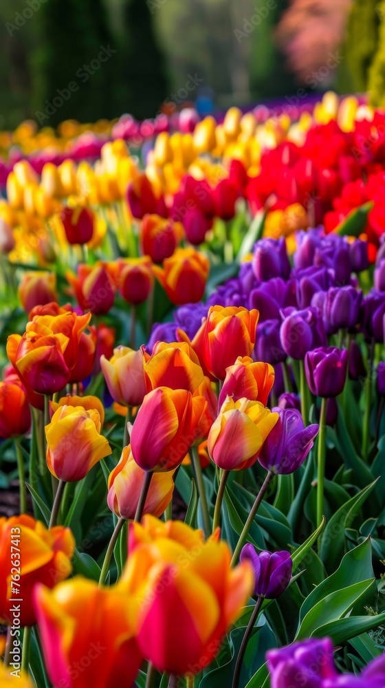 A field bursting with colorful tulips stretches into the distance, bordered by lush trees under a clear sky. The vibrant flowers create a stunning contrast against the green foliage. A field bursting with colorful tulips stretches into the distance, bordered by lush trees under a clear sky. The vibrant flowers create a stunning contrast against the green foliage.
