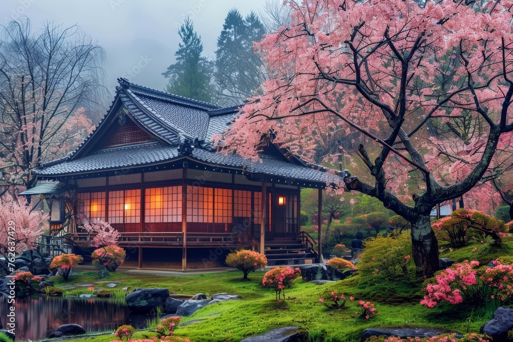 A traditional Japanese style house is nestled among a lush landscape of trees and colorful flowers, creating a harmonious fusion of nature and architecture. The serene setting showcases the beauty of 